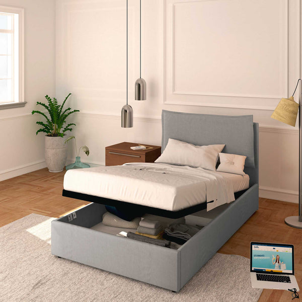 One and a half size storage bed in removable fireproof fabric Monet