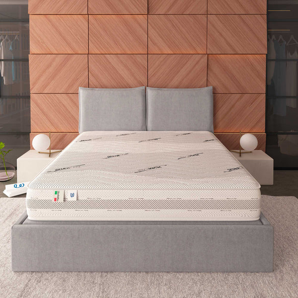 baldiflex materasso extra-rigido king kong con fodera silver care visto di fronte, foto ambientata su letto imbottito