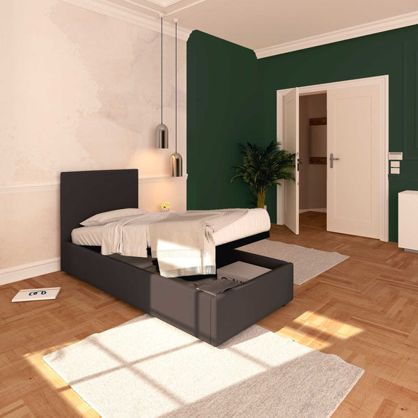 Baldiflex letto contenitore singolo in tessuto sfoderabile Rossano caffè da sinistra