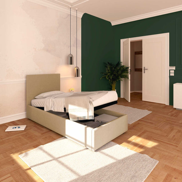 Baldiflex letto contenitore singolo in tessuto sfoderabile Rossano cammello da sinistra