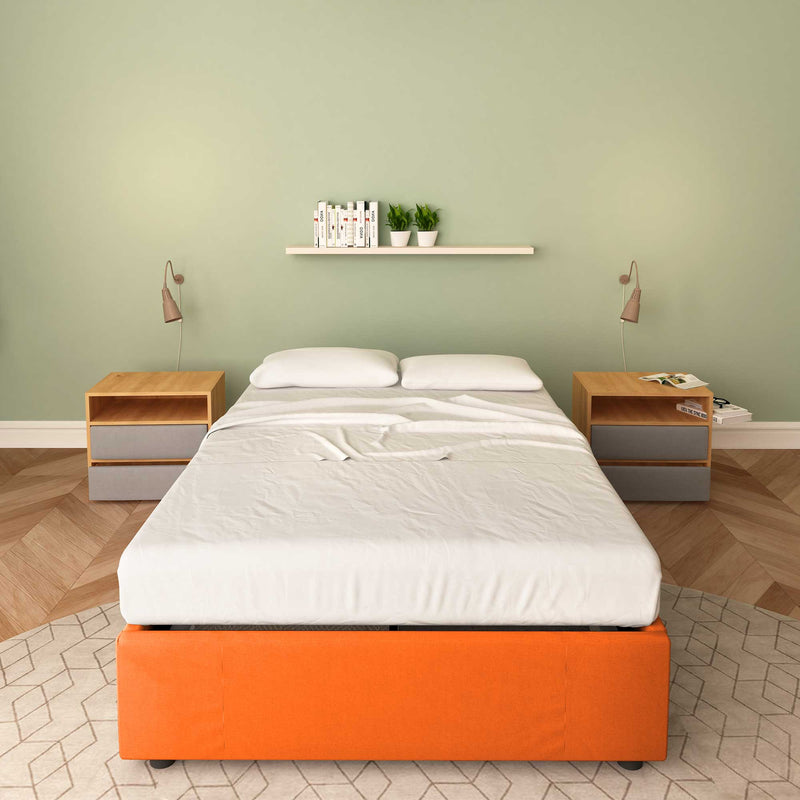 Baldiflex letto contenitore piazza e mezza senza testata in tessuto Cloe arancione fronte con materasso