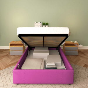 Baldiflex letto contenitore piazza e mezza senza testata in tessuto Cloe fucsia fronte rete alzata