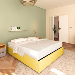 Baldiflex letto contenitore piazza e mezza senza testata in tessuto Cloe giallo senape da sinistra