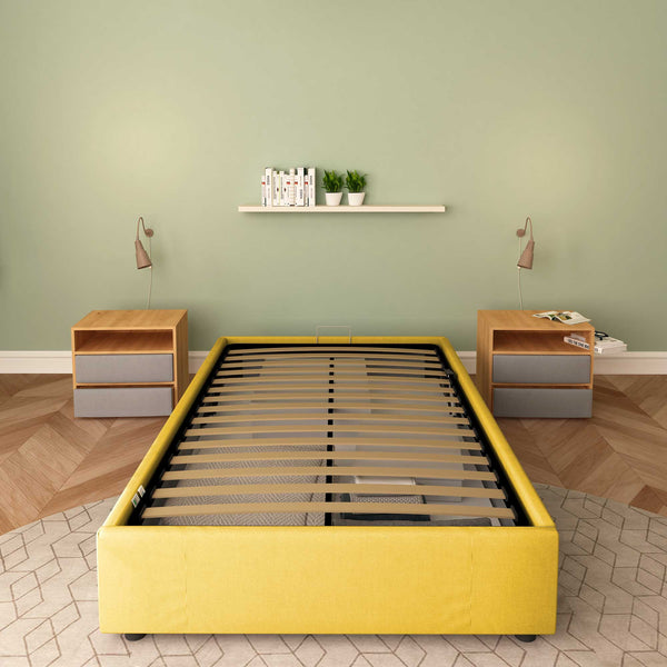 Baldiflex letto contenitore piazza e mezza senza testata in tessuto Cloe giallo senape fronte
