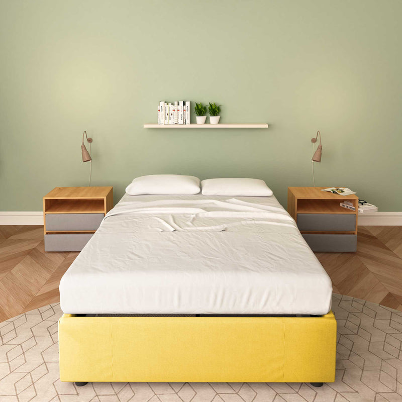 Baldiflex letto contenitore piazza e mezza senza testata in tessuto Cloe giallo senape fronte con materasso