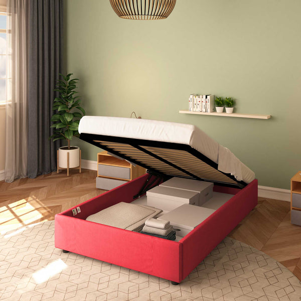 Baldiflex letto contenitore piazza e mezza senza testata in tessuto Cloe rosso da destra rete alzata