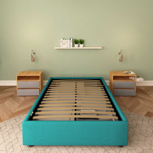 Baldiflex letto contenitore piazza e mezza senza testata in tessuto Cloe turchese fronte