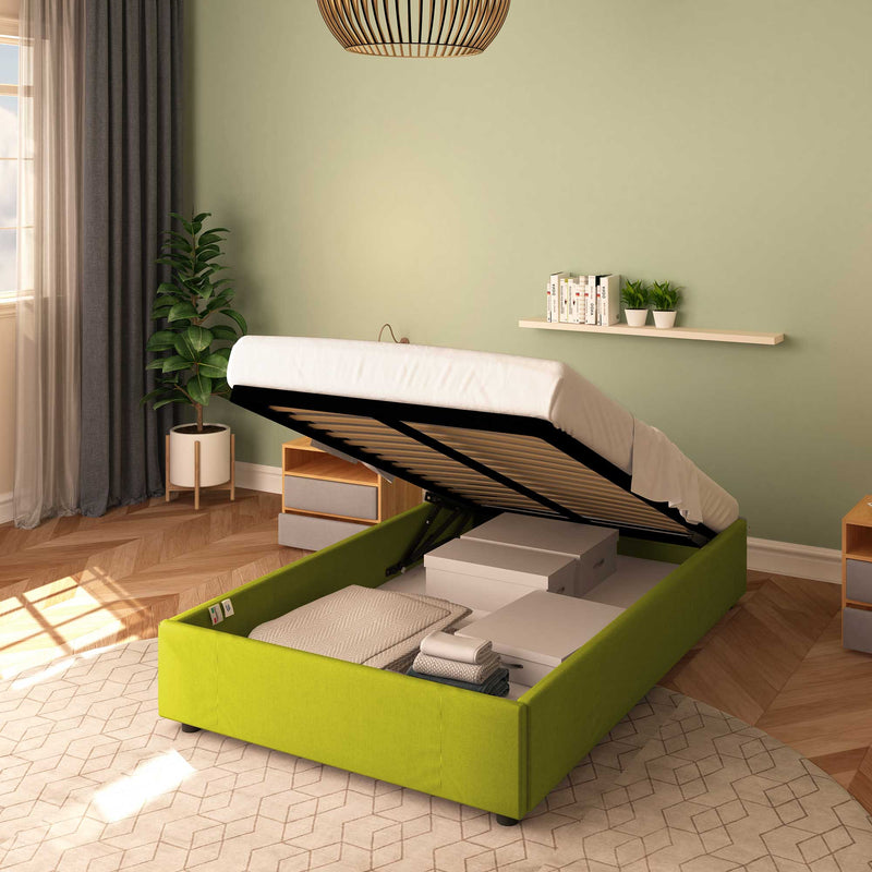 Baldiflex letto contenitore piazza e mezza senza testata in tessuto Cloe verde da destra rete alzata