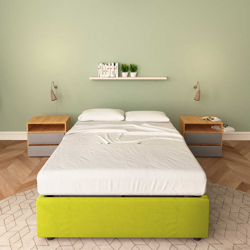 Baldiflex letto contenitore piazza e mezza senza testata in tessuto Cloe verde fronte con materasso