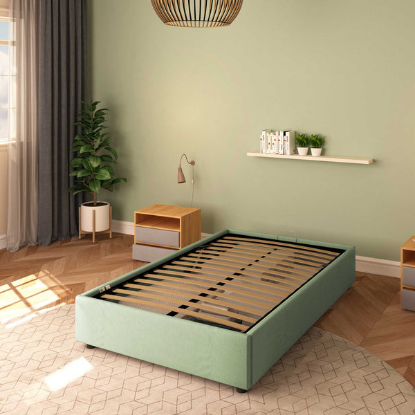 Baldiflex letto contenitore piazza e mezza senza testata in tessuto Cloe verde menta da destra