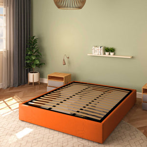 Baldiflex letto contenitore king size queen size senza testata in tessuto Cloe arancione da destra