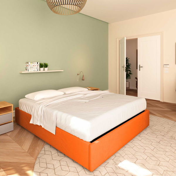 Baldiflex letto contenitore matrimoniale senza testata in tessuto Cloe arancione da sinistra con materasso