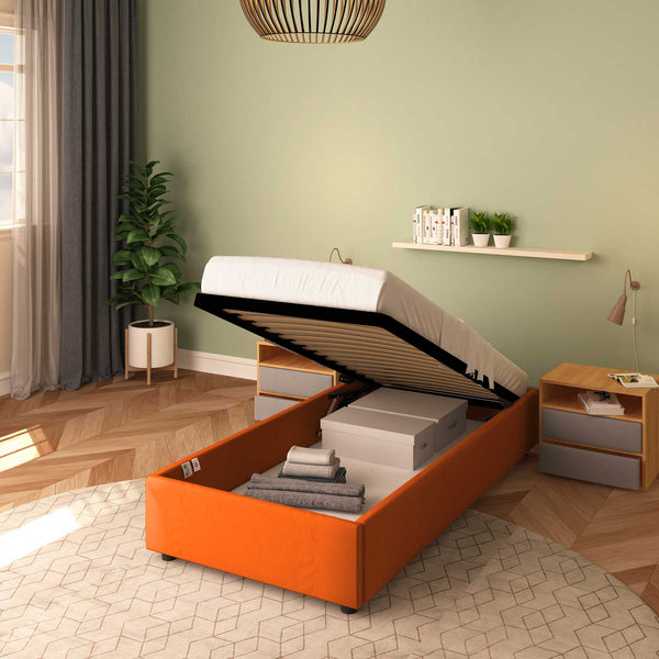 Baldiflex letto contenitore singolo senza testata in tessuto Cloe arancione da sinistra rete alzata