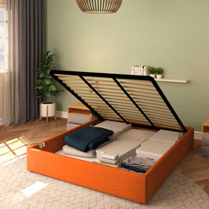Baldiflex letto contenitore king size queen size senza testata in tessuto Cloe arancione da destra con rete alzata