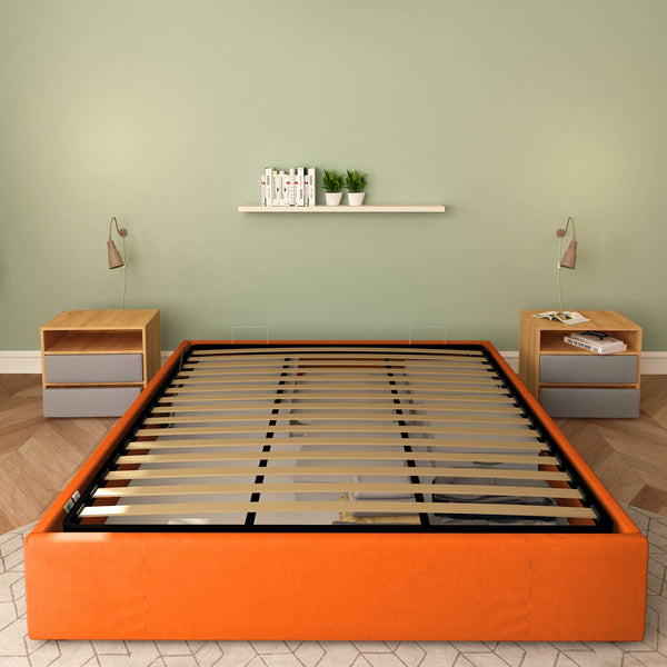Baldiflex letto contenitore king size queen size senza testata in tessuto Cloe arancione frontale