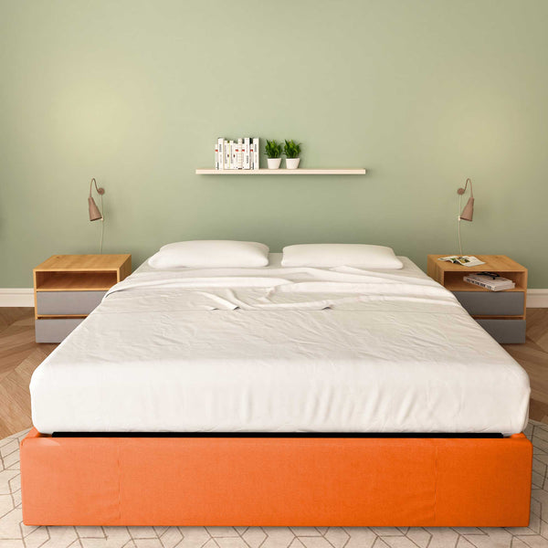 Baldiflex letto contenitore king size queen size senza testata in tessuto Cloe arancione frontale con materasso