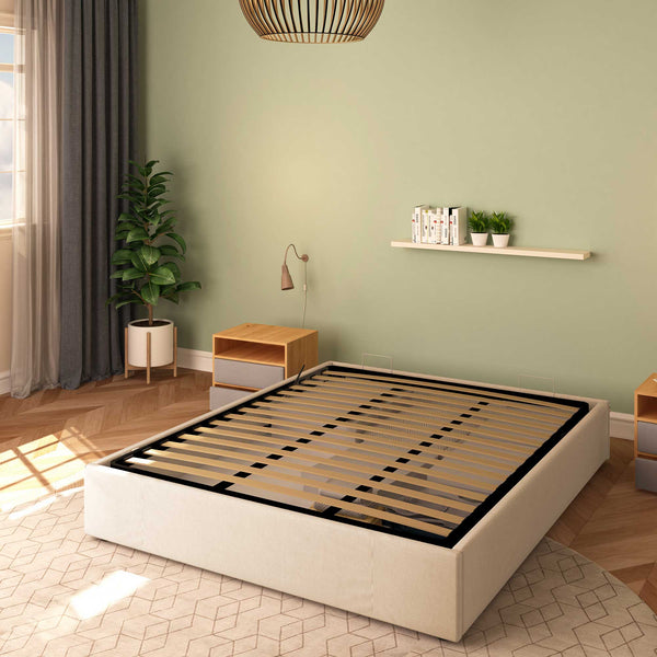 Baldiflex letto contenitore king size queen size senza testata in tessuto Cloe beige da destra