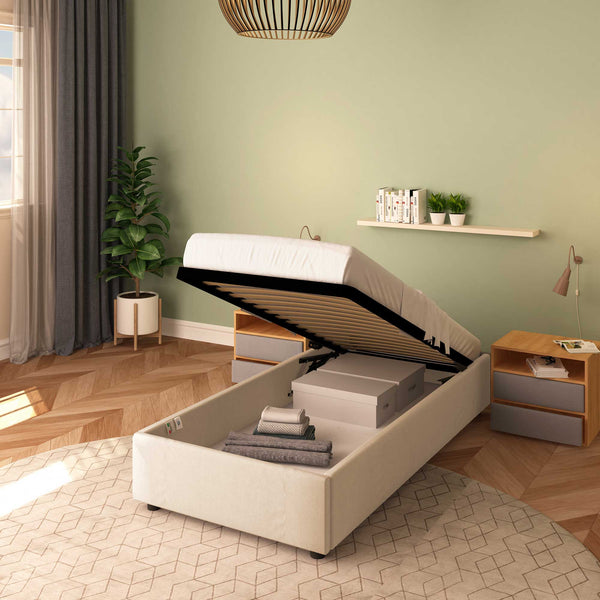 Baldiflex letto contenitore singolo senza testata in tessuto Cloe beige da destra con materasso