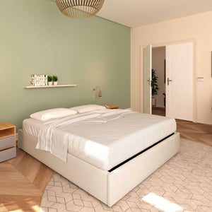 Baldiflex letto contenitore king size queen size senza testata in tessuto Cloe beige da sinistra con materasso