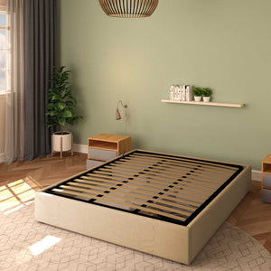 Baldiflex letto contenitore king size queen size senza testata in tessuto Cloe cammello da destra
