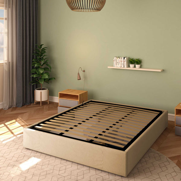 Baldiflex letto contenitore king size queen size senza testata in tessuto Cloe cammello da destra