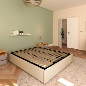 Baldiflex letto contenitore king size queen size senza testata in tessuto Cloe cammello da sinistra