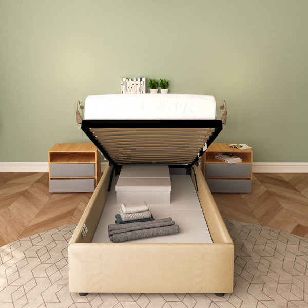 Baldiflex letto contenitore singolo senza testata in tessuto Cloe cammello fronte con materasso rete alzata