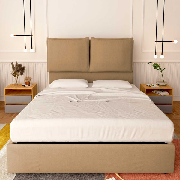 Baldiflex letto contenitore matrimoniale in tessuto Licia XL cammello fronte