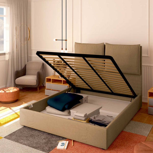 Baldiflex letto contenitore matrimoniale in tessuto Licia XL cammello