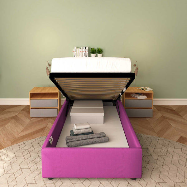 Baldiflex letto contenitore singolo senza testata in tessuto Cloe fucsia fronte rete alzata
