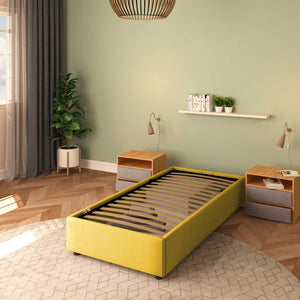 Baldiflex letto contenitore singolo senza testata in tessuto Cloe giallo senape laterale