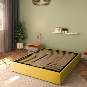 Baldiflex letto contenitore king size queen size senza testata in tessuto Cloe giallo senape da destra