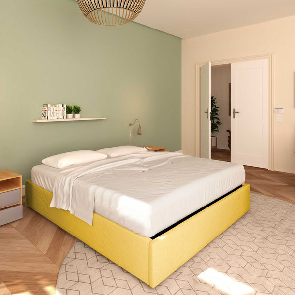 Baldiflex letto contenitore matrimoniale senza testata in tessuto Cloe giallo senape da sinistra con materasso
