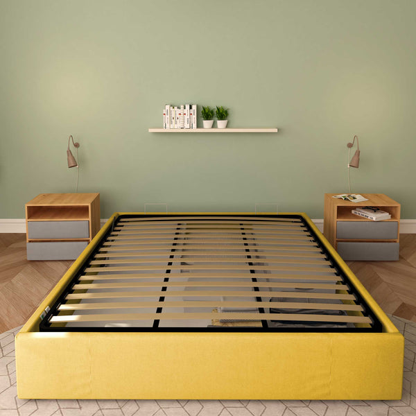 Baldiflex letto contenitore king size queen size senza testata in tessuto Cloe giallo senape fronte