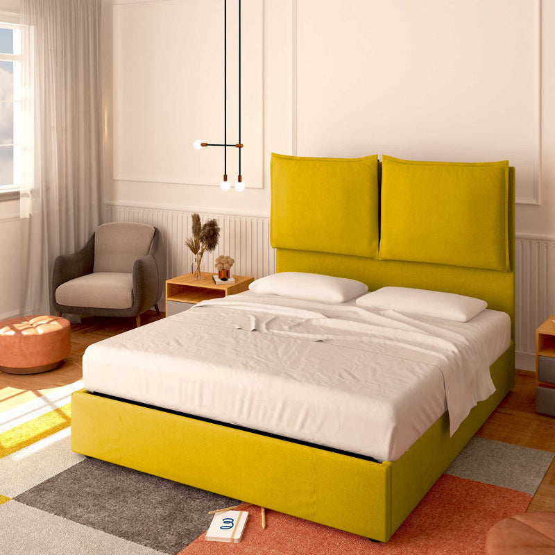 Baldiflex letto contenitore piazza e mezza in tessuto Licia XL giallo senape da destra