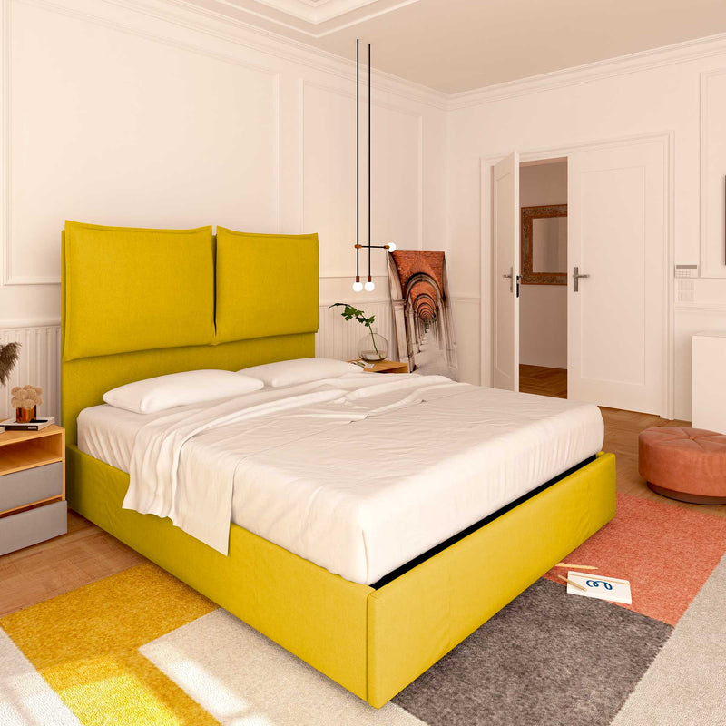 Baldiflex letto contenitore piazza e mezza in tessuto Licia XL giallo senape da sinistra