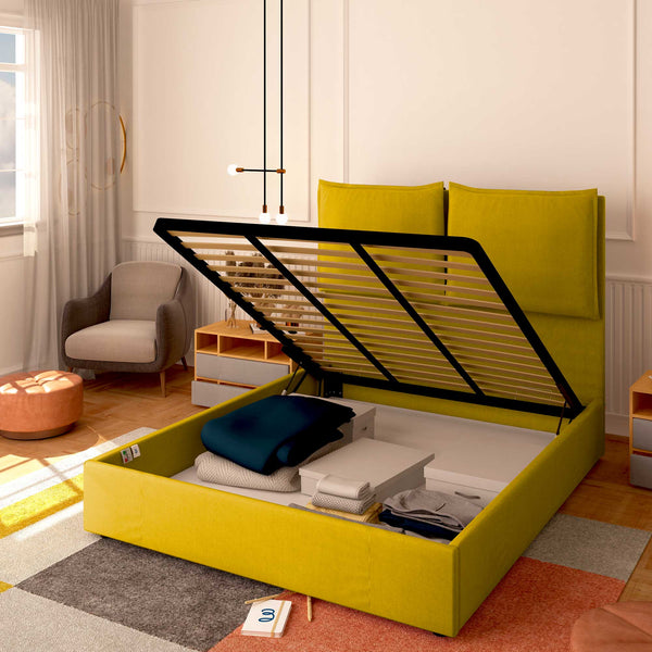 Baldiflex letto contenitore piazza e mezza in tessuto Licia XL giallo senape