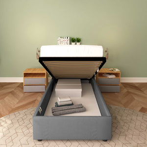 Baldiflex letto contenitore singolo senza testata in tessuto Cloe grigio antracite frontale rete alzata