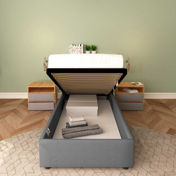 Baldiflex letto contenitore singolo senza testata in tessuto Cloe grigio antracite frontale rete alzata