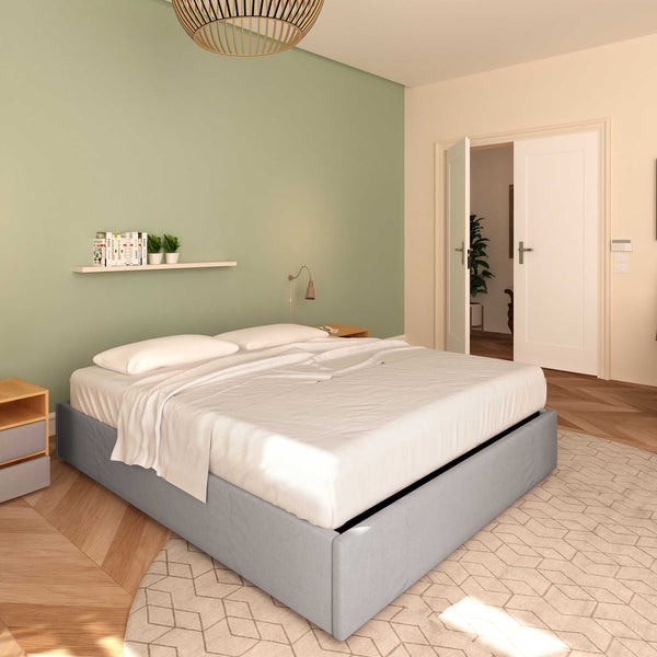 Baldiflex letto contenitore king size queen size senza testata in tessuto Cloe grigio da sinistra con materasso