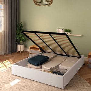 Baldiflex letto contenitore king size queen size senza testata in tessuto Cloe grigio chiaro da destra con rete alzata