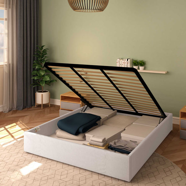 Baldiflex letto contenitore king size queen size senza testata in tessuto Cloe grigio chiaro da destra con rete alzata