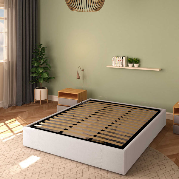 Baldiflex letto contenitore king size queen size senza testata in tessuto Cloe grigio chiaro da destra