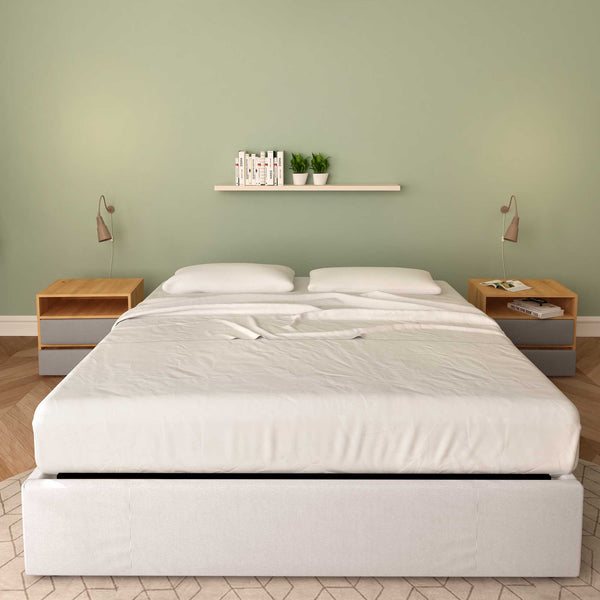 Baldiflex letto contenitore king size queen size senza testata in tessuto Cloe grigio chiaro fronte con  materasso