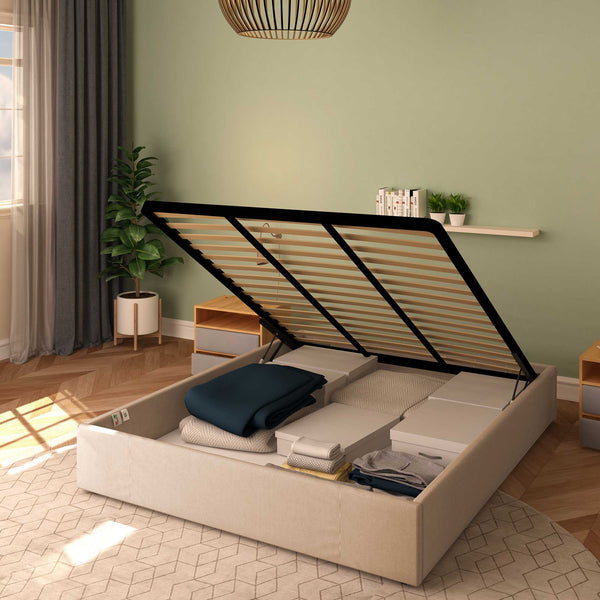 Baldiflex letto contenitore king size queen size senza testata in tessuto Cloe grigio talpa da destra con rete alzata