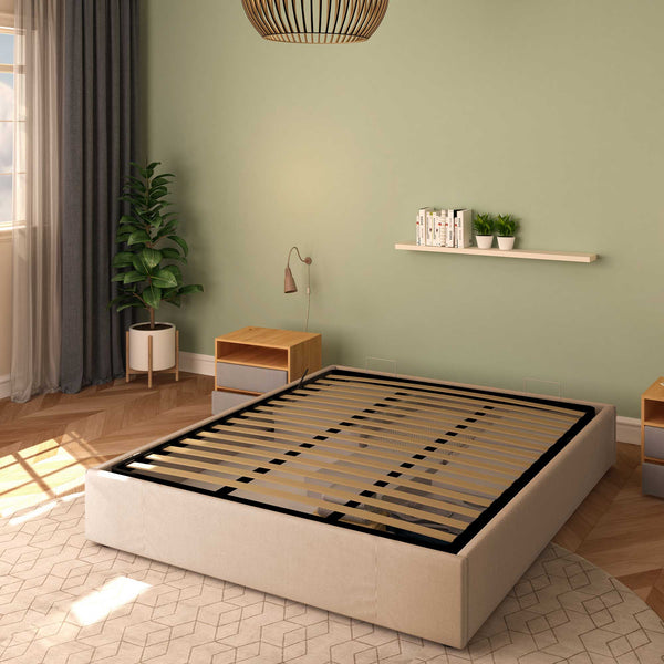 Baldiflex letto contenitore king size queen size senza testata in tessuto Cloe grigio talpa da destra