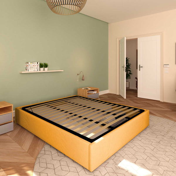 Baldiflex letto contenitore king size queen size senza testata in tessuto Cloe mango da sinistra