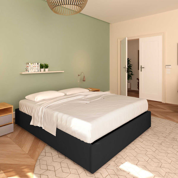 Baldiflex letto contenitore king size queen size senza testata in tessuto Cloe nero da sinistra con materasso
