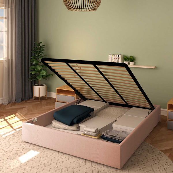 Baldiflex letto contenitore king size queen size senza testata in tessuto Cloe rosa antico da sinistra con rete alzato