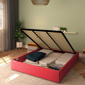 Baldiflex letto contenitore matrimoniale senza testata in tessuto Cloe rosso da destra con rete alzata